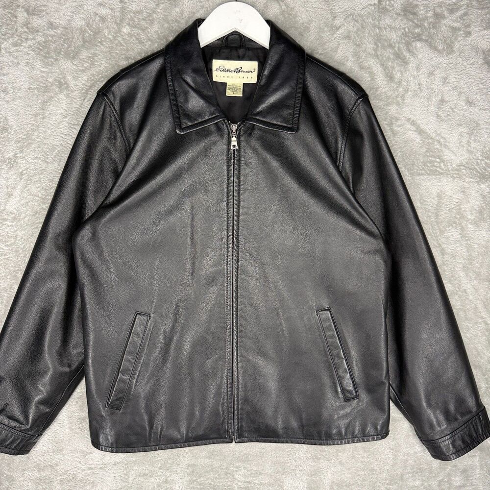 Vintage Eddie Bauer Leather Jacket Womens Large Black Full Zip Moto Chic Y2K